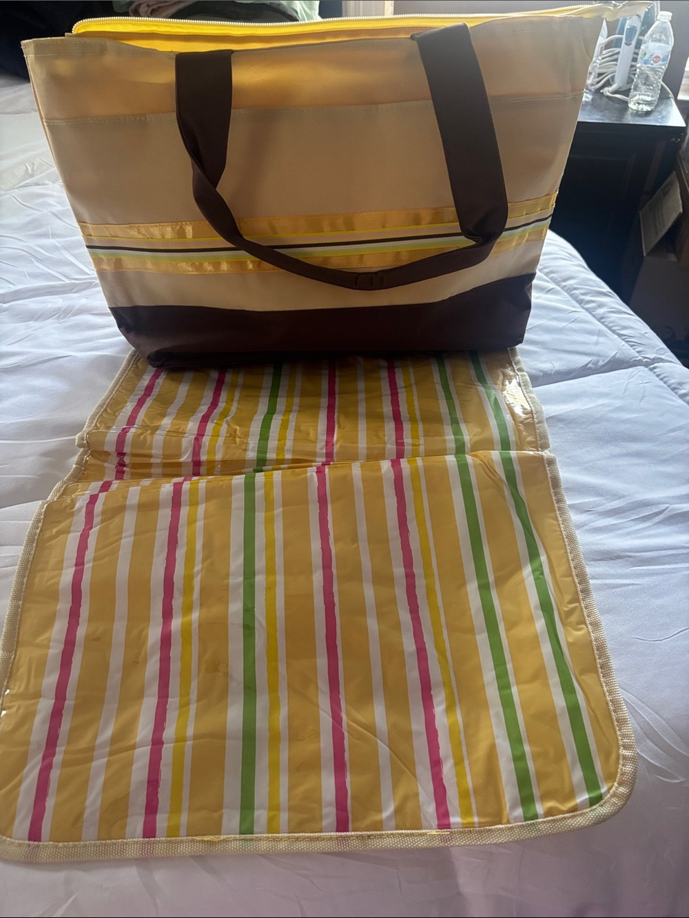 Striped Yellow and Brown Women's Tote Bag with Changing Mat
